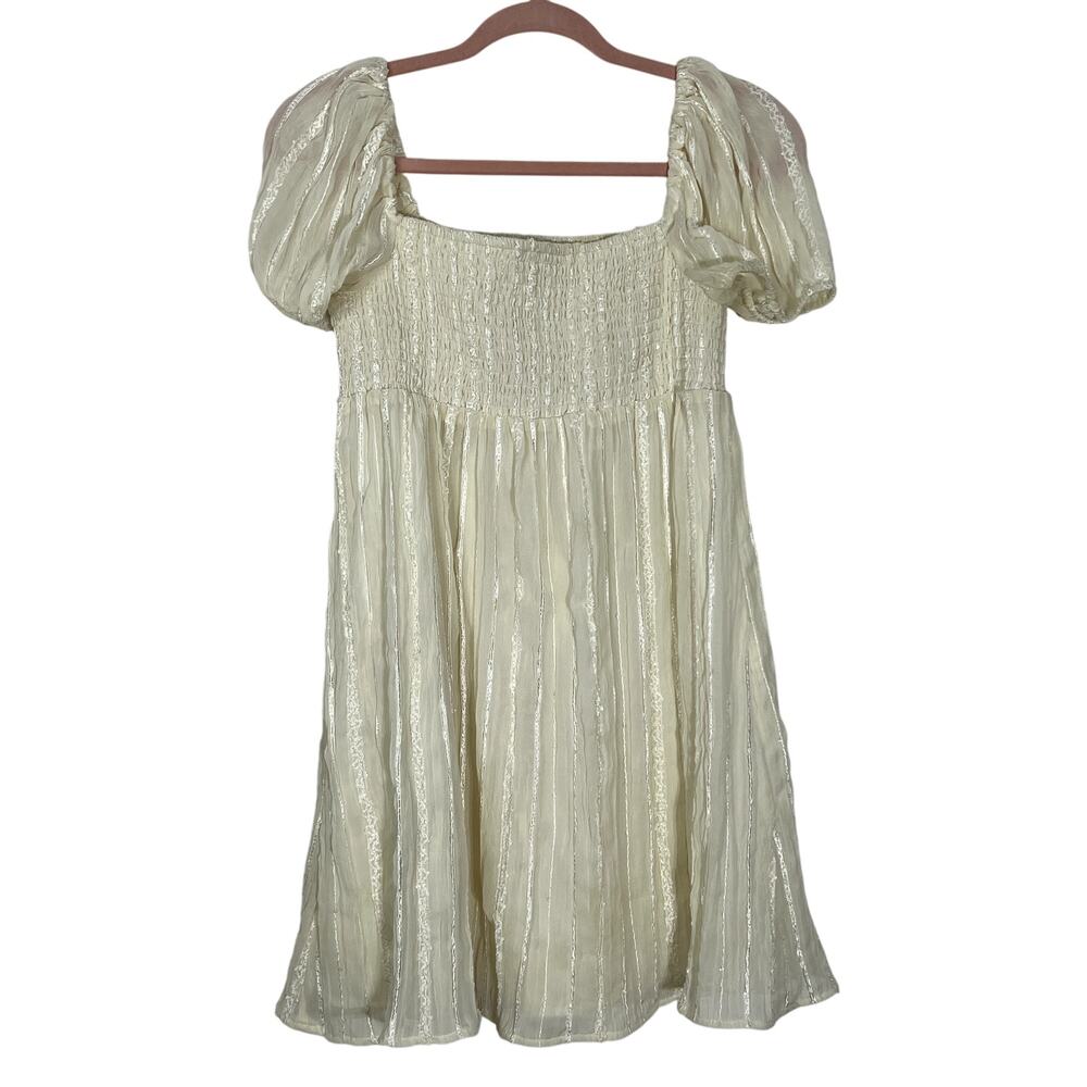 Altar'd State Ivory‎ Short Puff Sleeve Smocked Top Mini A-line Babydoll Dress M